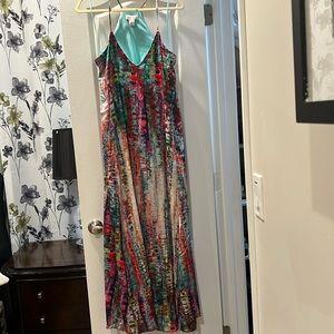 NWT Nicole Miller Abstract Satin Print Multicolor Maxi Dress